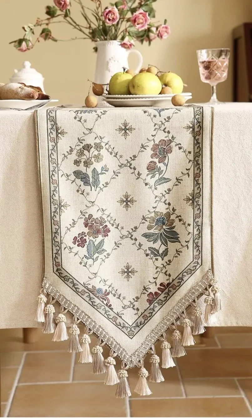 patdrea Designer Vintage Floral Linen Table Runner 87 Inch Long, Beige